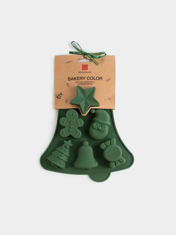 Форма для выпечки кексов, 23х19 см, 6 отд, силикон, зеленая, Колокольчик, Bakery color, image-4
