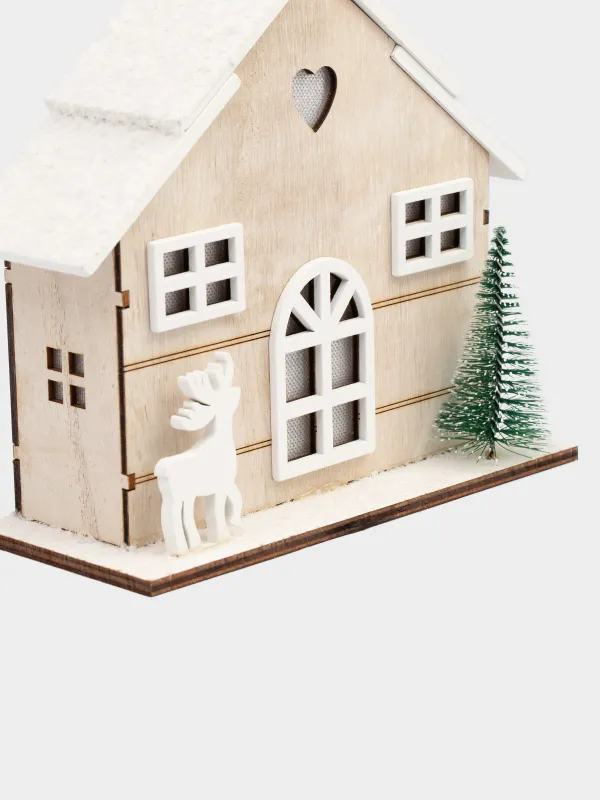 Статуэтка с подсветкой, 19х18 см, МДФ, бежевая, Домик с оленем, Figure wood, image-1