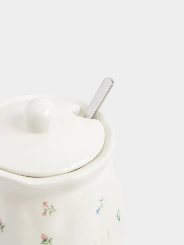 Сахарница, 12 см, 340 мл, с ложкой, керамика D/сталь, молочная, Нежные цветы, El flora, image-2