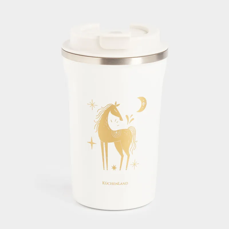 Термокружка, 380 мл, сталь/пластик, белая, Лошадь, Coffee time