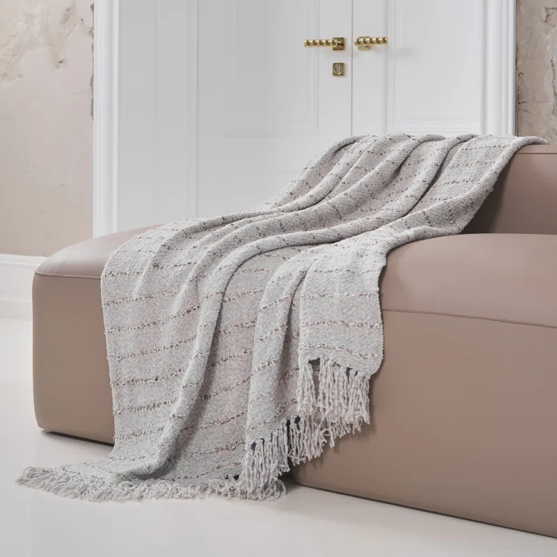 Плед, 130х170 см, с бахромой, шенилл, бежевый, Полосы, Chenill