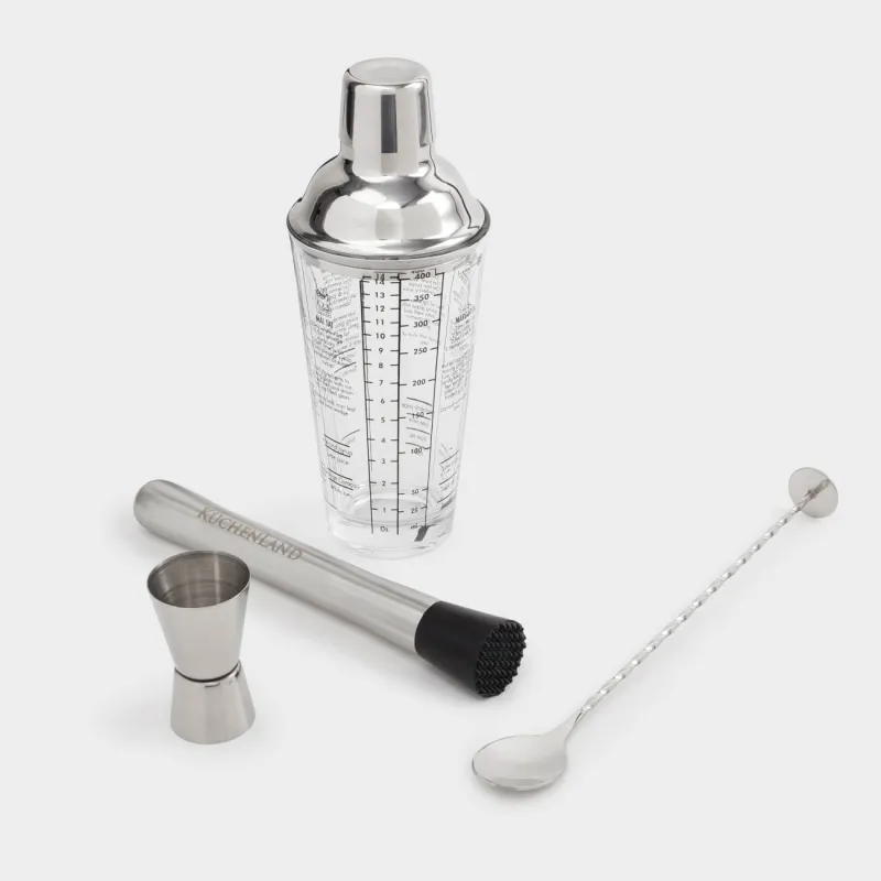 Набор для приготовления коктейлей, 4 пр, шейкер/джиггер/барная ложка/мадлер, стекло/сталь, Bar