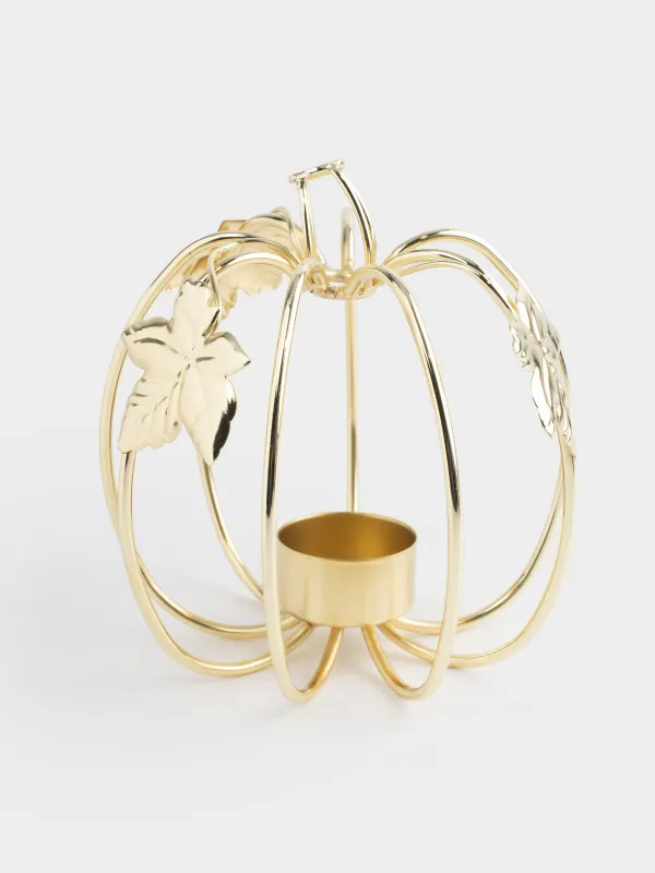 Подсвечник, 13х17 см, для чайной свечи, с ручкой, металл, золотистый, Тыква, Twist gold, image-0