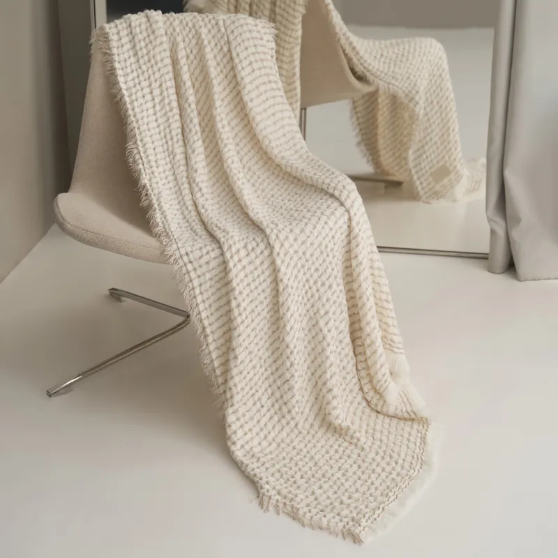 Плед, 130х170 см, с бахромой, акрил/полиэстер, молочно-бежевый, Полосы, Acrylic