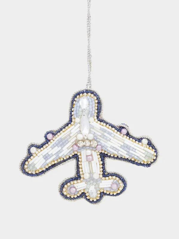 Игрушка елочная, 10 см, бисер/полифилл, голубая, Самолет, Beads figure, image-0