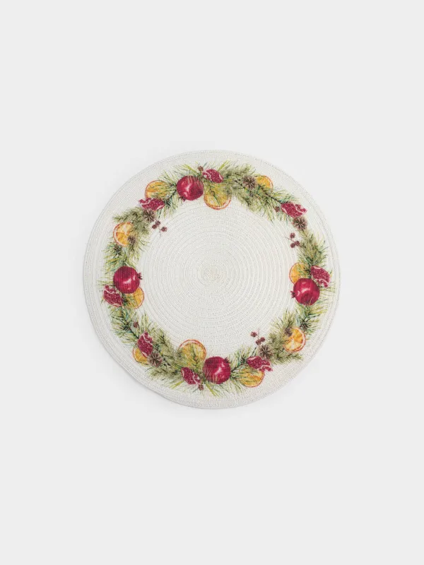 Салфетка под приборы, 38 см, полиэстер, круглая, белая, Гранаты и апельсины, Rotary print, image-0