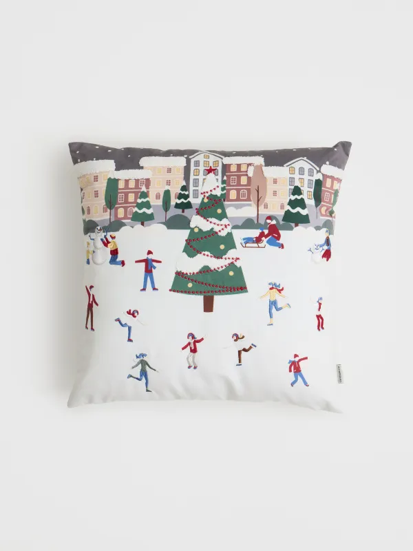 Подушка декоративная, 45х45 см, вельвет, молочно-серая, Зимние забавы, Ice skating, image-0