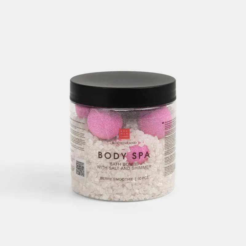 Бомбочка для ванны, 500 гр, 10 шт, с солью и шиммером, в банке для хранения, Ягодный смузи, Body spa