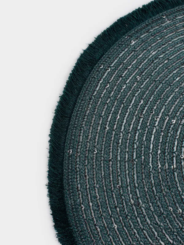 Салфетка под приборы, 38 см, с бахромой и пайетками, полиэстер, круглая, зеленая, Rotary shine, image-2