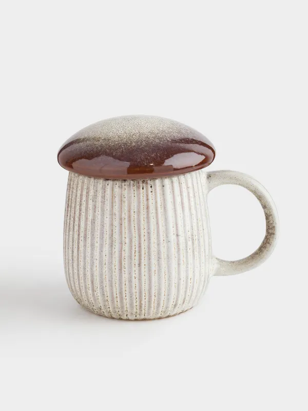 Кружка, 430 мл, с крышкой, фарфор P, молочно-коричневая, Гриб, Colors autumn, image-0