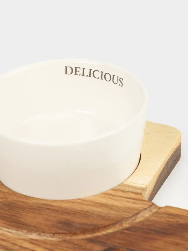 Блюдо для закусок, 33х18 см, с пиалой, дерево/керамика, Фактурные линии, Noble flow, image-6