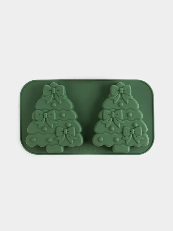 Форма для выпечки кексов, 27х15 см, 2 отд, силикон, зеленая, Елки с бантами, Bakery color, image-0