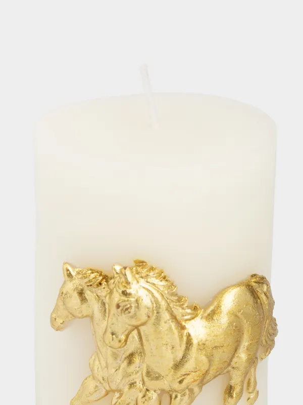 Свеча, 6х10 см, цилиндрическая, Золотистые лошади, Horse gold, image-2