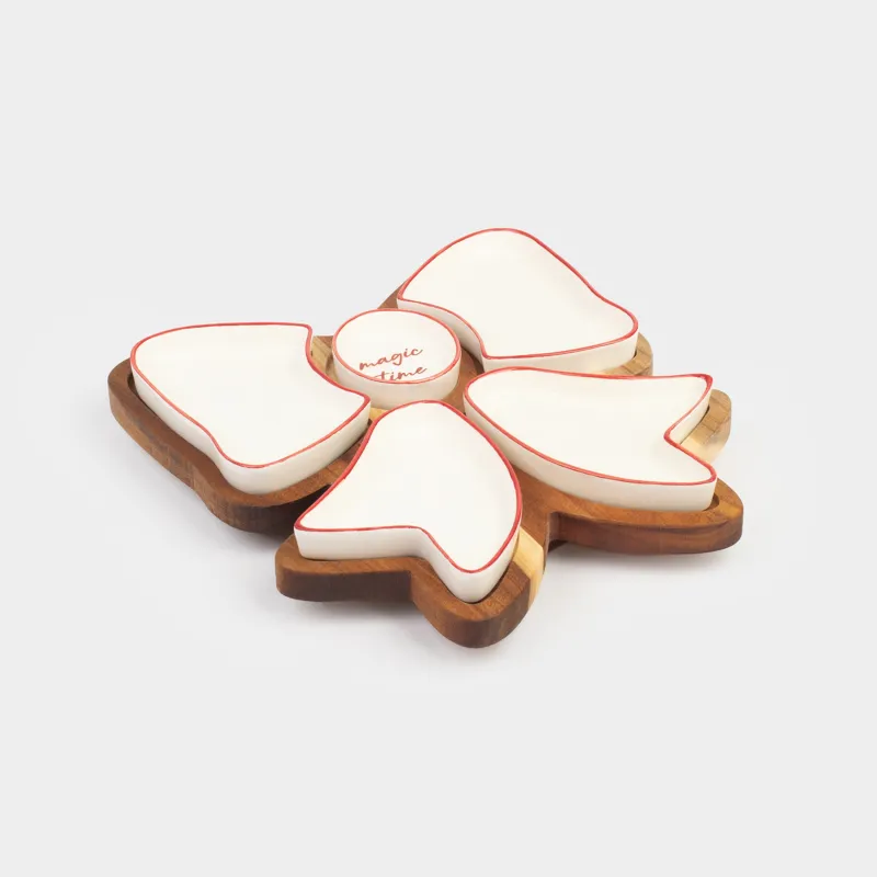 Набор для закусок, 5 пр, вращающийся, на подставке, керамика/дерево, молочный, Бант, Noble tree