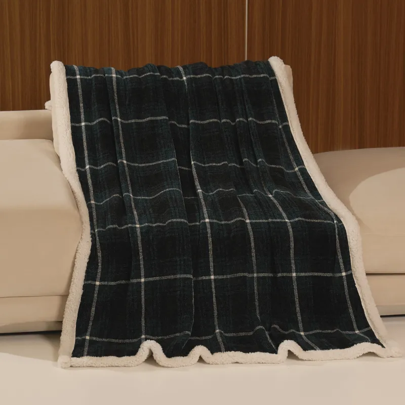 Плед, 130х170 см, шенилл/шерпа, темно-зеленый, Клетка, Hazel