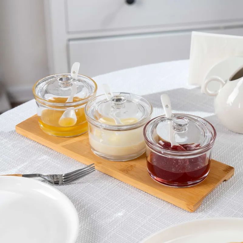 Вазочка для джема, 30х9 см, 3 шт, с ложкой, на подставке, стекло/бамбук/керамика, Bamboo, image-5