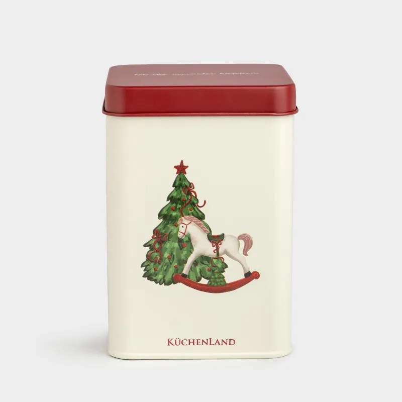 Банка для сыпучих продуктов, 1 л, металл, прямоугольная, Елка с лошадкой, Christmas tree