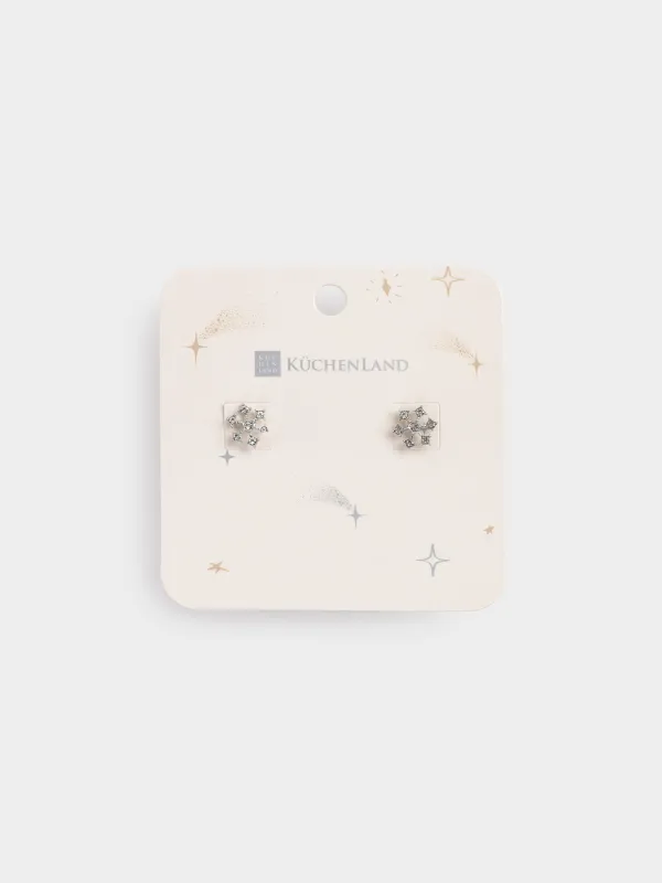 Серьги-пусеты, 1 см, 2 шт, металл/стразы, серебристые, Снежинка, Rime, image-3