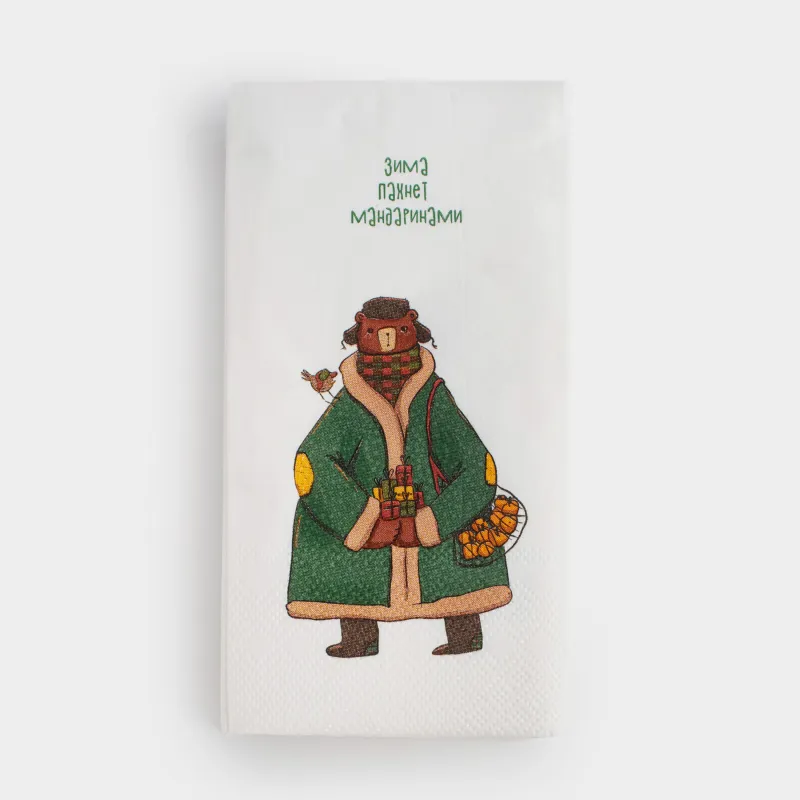 Салфетки бумажные, 33х33 см, 20 шт, прямоугольные, белые, Медведь в пальто, Bear