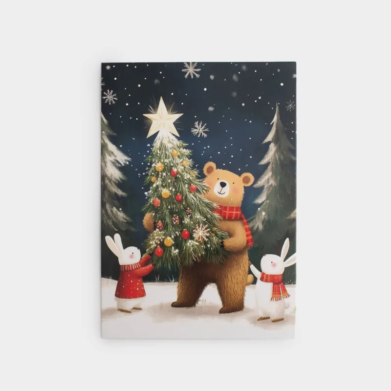 Открытка подарочная, 12х17 см, бумага, сине-молочная, Мишка и зайцы, Friends forest
