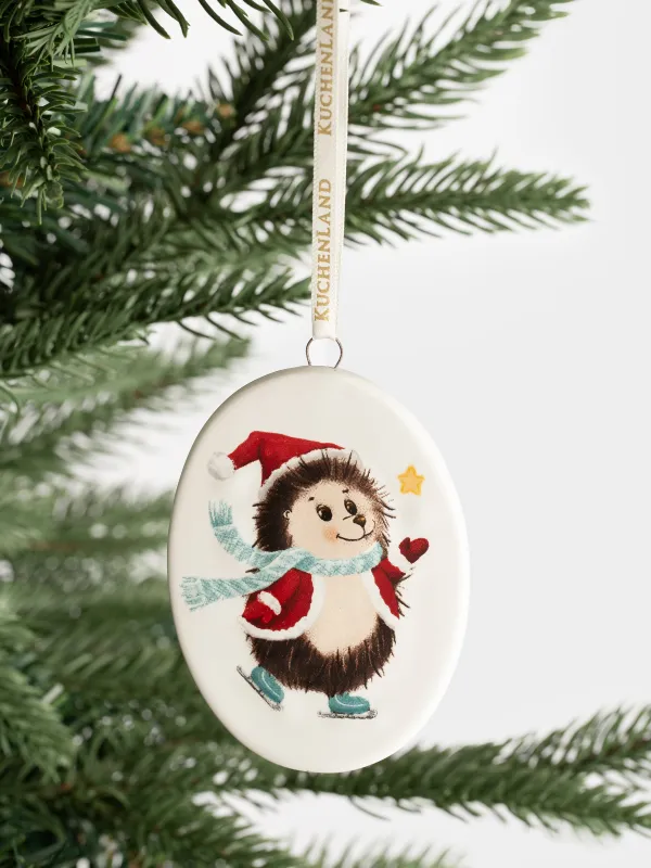 Игрушка елочная, 8 см, керамика, белая, Еж на коньках, Hedgehog christmas, image-3
