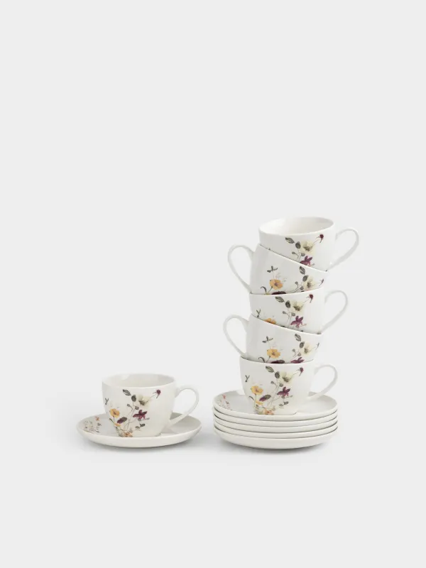 Пара чайная, 6 перс, 12 пр, 220 мл, фарфор N, белая, Желтые цветы, Floweri, image-1