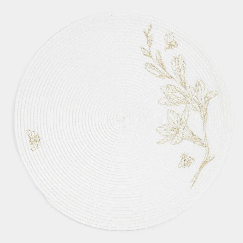 Салфетка под приборы, 38 см, полипропилен/ПЭТ, круглая, молочная, Цветы и пчелы, Circle embroidery