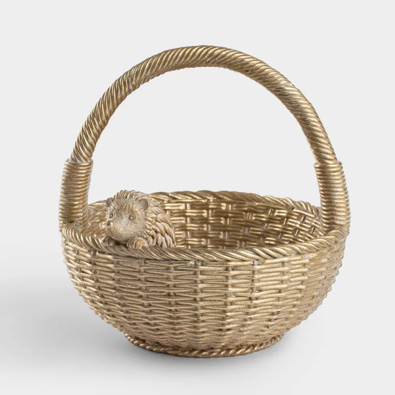 Ваза декоративная, 21х19 см, с ручкой, полирезин, золотистая, Ежик на корзине, Hedgehog gold