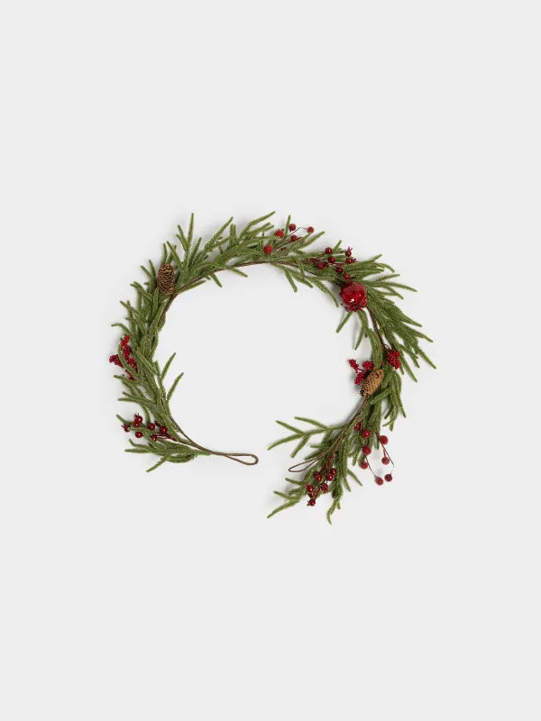 Ветка-гирлянда декоративная, 1,2 м, Красные ягоды и шишки, Red berry, image-0