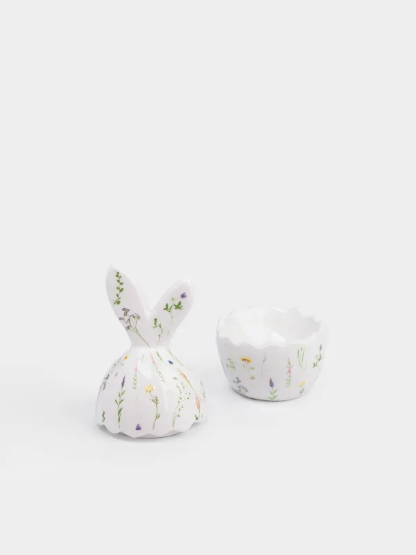Подставка для яйца, 13 см, керамика D, молочная, Яйцо, Цветы, Rabbit in flowers, image-1
