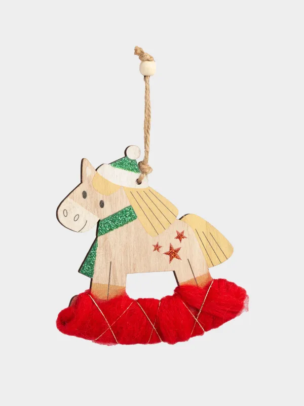 Игрушка елочная, 11 см, дерево/полиэстер, с блестками, Лошадка-качалка, Figure wood, image-0