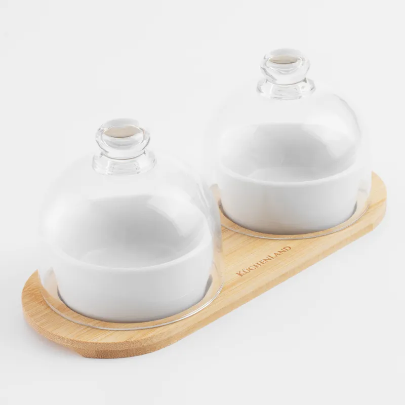 Набор для закусок, 4 пр, на подставке, керамика/бамбук, белый, Пиалы с крышкой, Bamboo