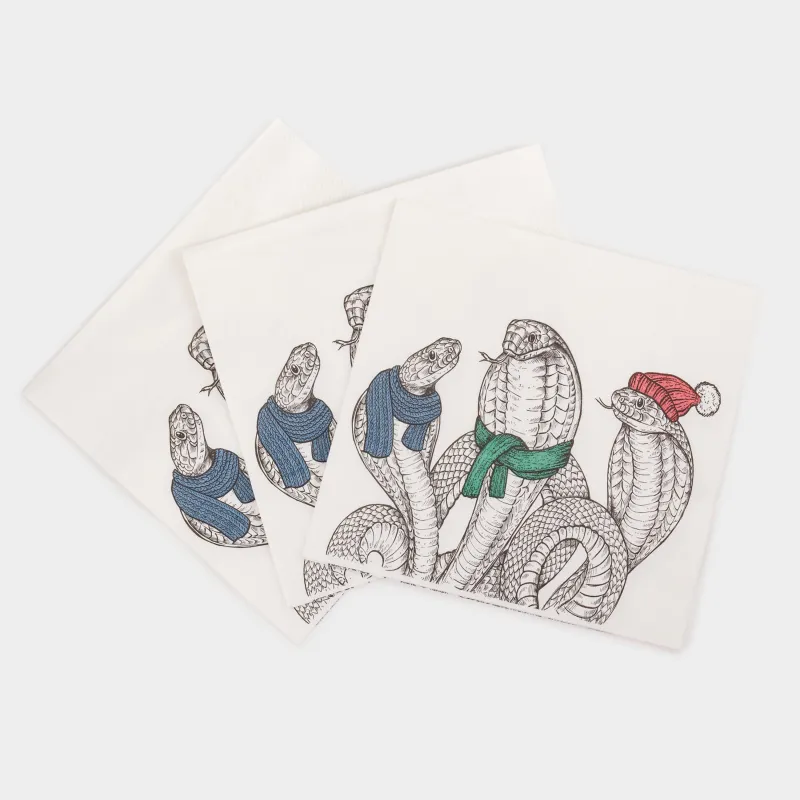 Салфетки бумажные, 33х33 см, 20 шт, квадратные, белые, Змеи в шарфах и в шапке, Snake trio, image-2