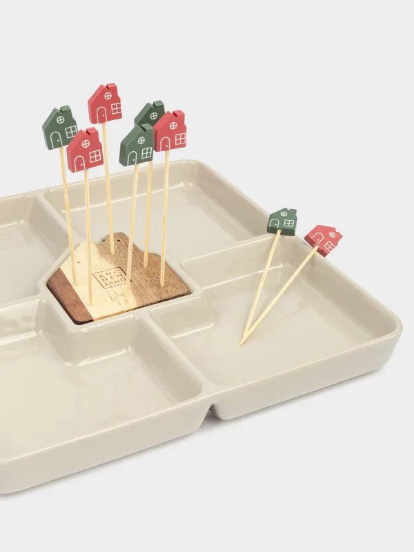 Менажница, 22 см, 4 отд, со шпажками, дерево/керамика, белая, Домик, House, image-3