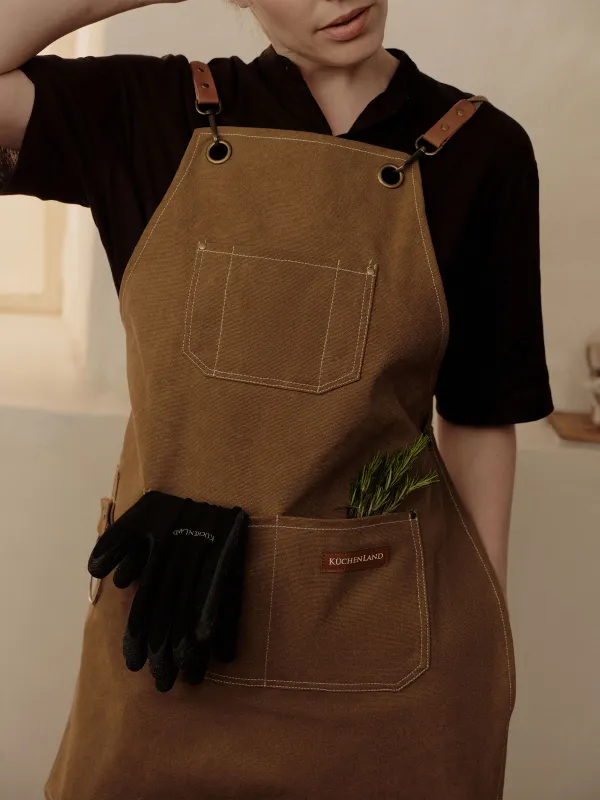 Фартук, 58х78 см, с карманами, с держателем, терилен/хлопок/искусственная кожа, коричневый, BBQ, image-6