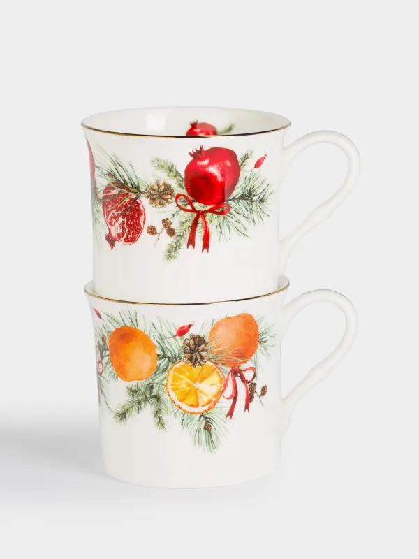 Кружка, 300 мл, 2 шт, фарфор F, белая, Апельсины/Гранаты, Christmas miracle, image-0