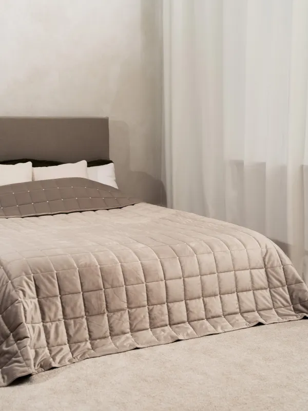 Покрывало, 220х240 см, стеганое, вельвет/микрофибра, серо-коричневое, Квадраты, Stitch velvet, image-3