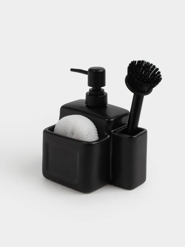Диспенсер для моющего средства, 650 мл, органайзер, губка/щетка, керамика, черный, Total black, image-1