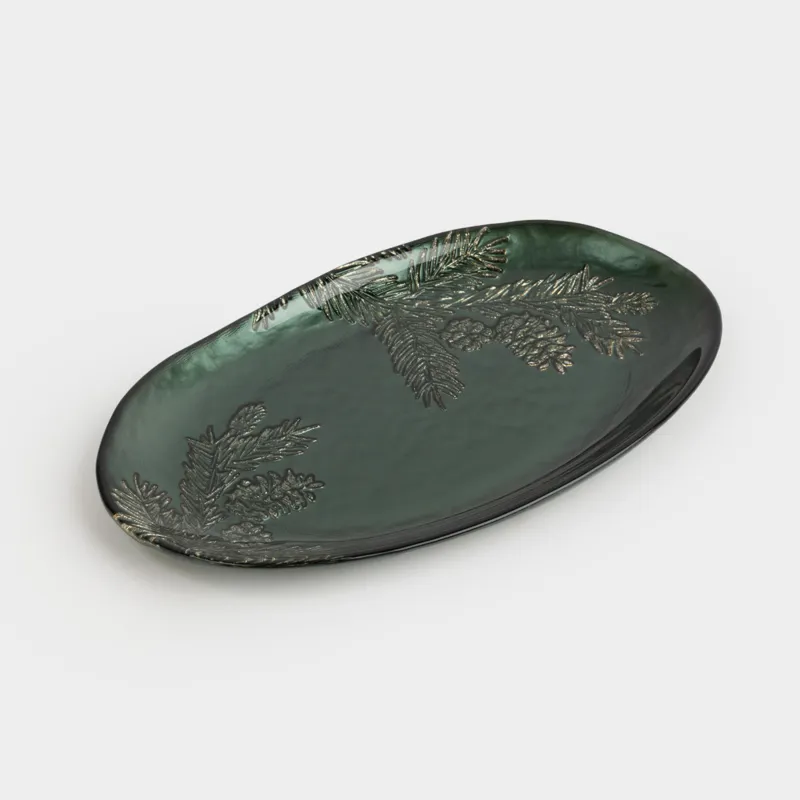 Блюдо, 26х16х2 см, стекло, овальное, зеленое, Еловые ветки, Winter delice