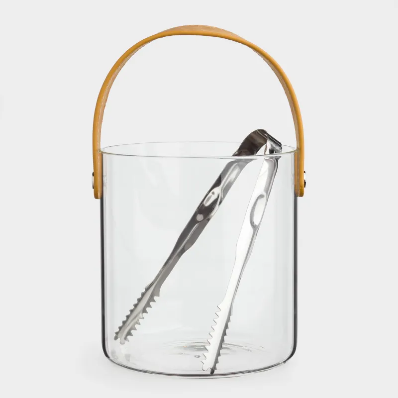 Ведро для льда, 14 см, с ручкой и щипцами, стекло/искусственная кожа, Clear devo