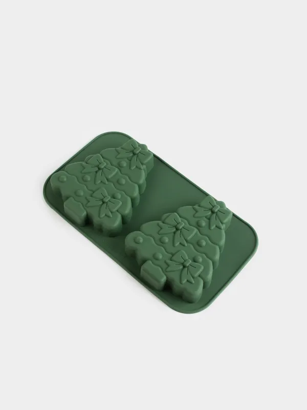 Форма для выпечки кексов, 27х15 см, 2 отд, силикон, зеленая, Елки с бантами, Bakery color, image-1