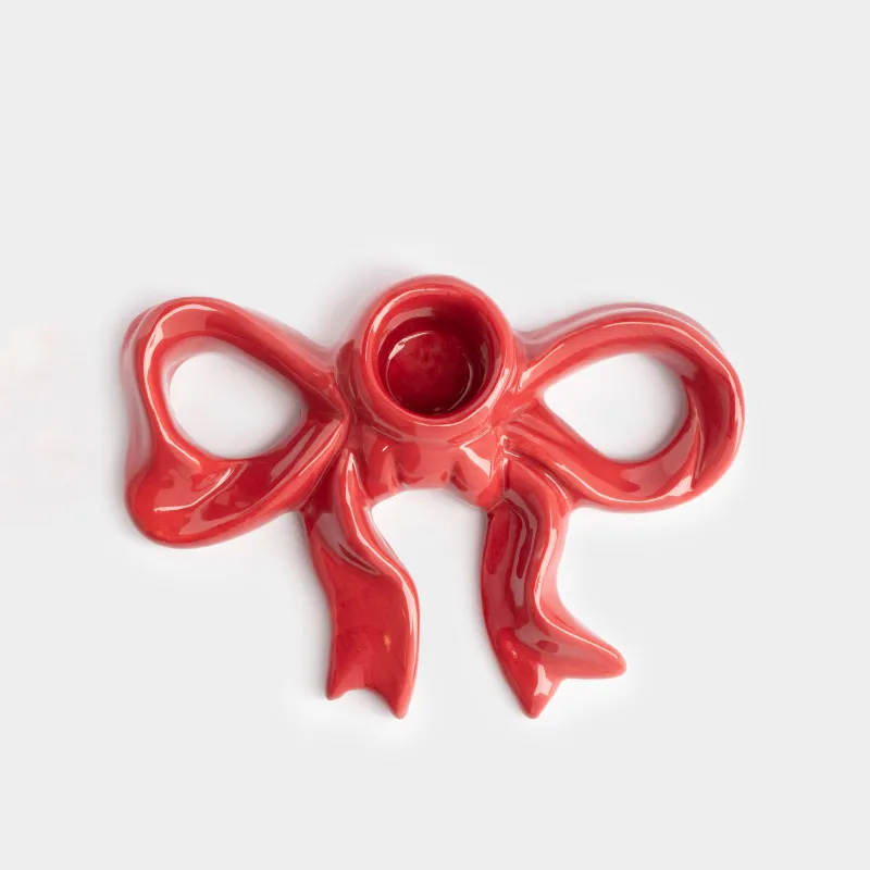 Подсвечник, 13 см, для тонкой свечи, керамика, бордовый, Бант, Christmas traditions