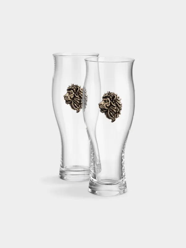 Стакан для пива, 17 см, 600 мл, 2 шт, стекло/металл, Золотистый лев, Lux elements, image-2