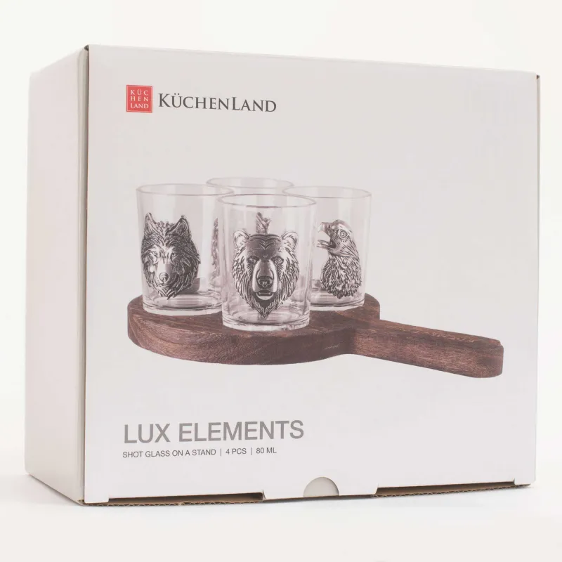 Стопка для водки, 80 мл, 4 шт, на подставке, стекло/металл/дерево, Орел и звери, Lux elements decor, image-5