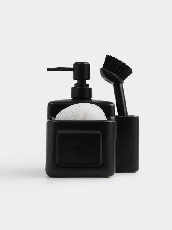 Диспенсер для моющего средства, 650 мл, органайзер, губка/щетка, керамика, черный, Total black, image-0