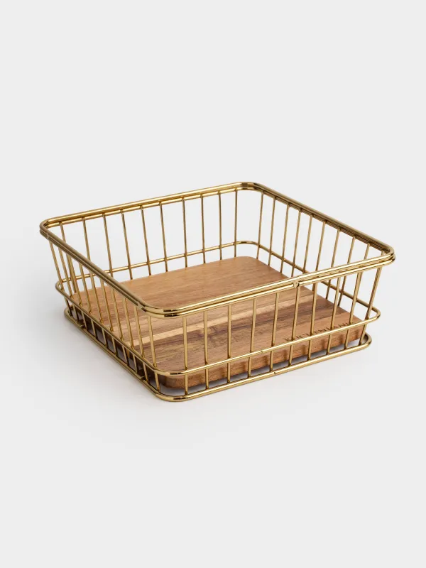 Корзина для хранения, 19х19 см, металл/дерево, квадратная, золотистая, Twist gold, image-1