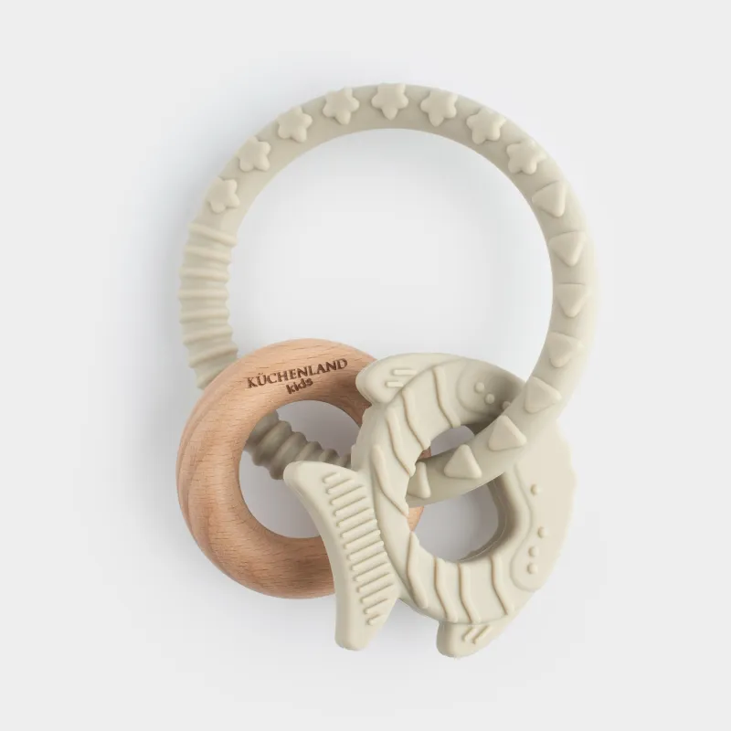 Игрушка-прорезыватель, 2 подвески, на кольце, силикон/дерево, серая, Рыбка и кольцо, Kiddy, image-0