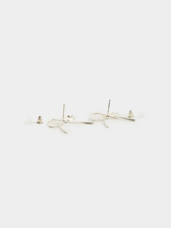 Серьги-пусеты, 6 см, 2 шт, металл, серебристые, Бант, Jewelry, image-1