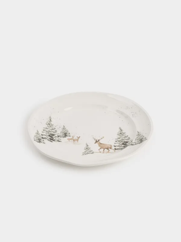 Тарелка обеденная, 27 см, керамика, белая, Олени в снежном лесу, Woodland story, image-1