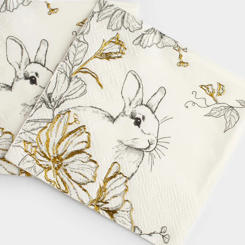 Салфетки бумажные, 21х21 см, 20 шт, квадратные, белые, Кролик и цветы, Peony gold, image-2